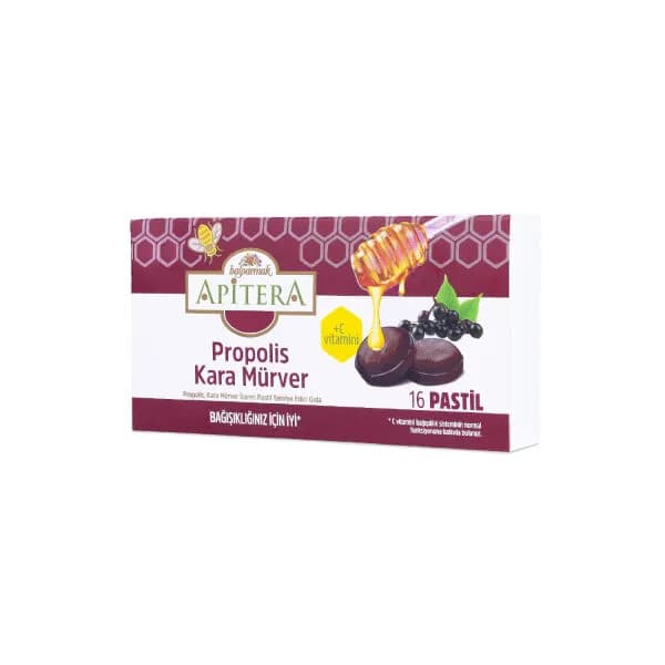 Apitera Doğal Bal, Kara Mürver, Zerdeçal, C Vitamini ve Propolis İçeren Takviye Edici 16’lı Boğaz Pastili