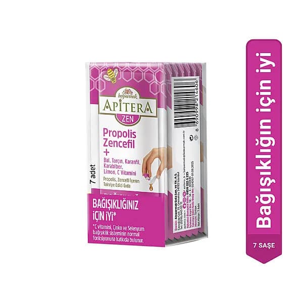 Apitera ZEN Doğal Bal, C Vitamini, Çinko, Selenyum, Zencefil, Tarçın, Karanfil, Karabiber, Limon ve Propolis İçeren Takviye Edici 7’li Saşe