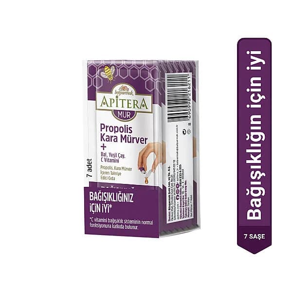 Apitera MUR Doğal Bal, C Vitamini, Kara Mürver, Yeşil Çay ve Propolis İçeren Takviye Edici 7’li Saşe