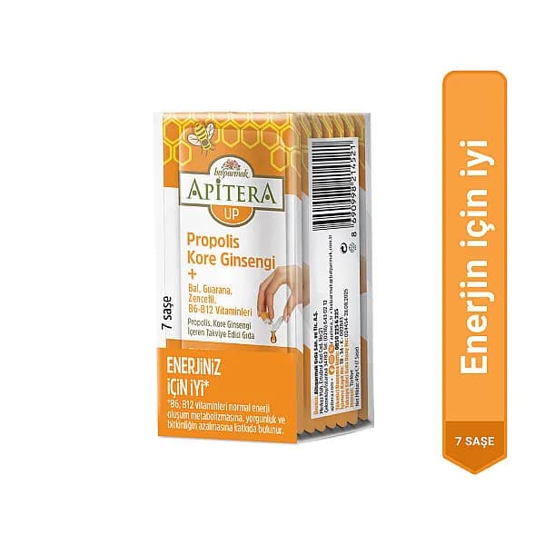 Apitera UP Doğal Bal, B Vitaminleri, Kırmızı Ginseng, Guarana ve Propolis İçeren Takviye Edici 7’li Saşe